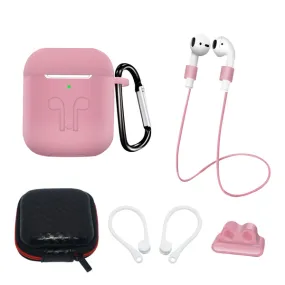 AirPods (1 & 2. gen.) Hurtel Silikone Case Sæt m. Etui, Neck Strap & Ear Hook - Lyserød