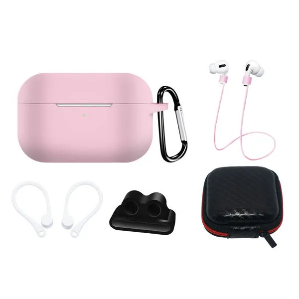 AirPods Pro (1 & 2. gen.) Hurtel Silikone Case Sæt m. Etui, Neck Strap & Ear Hook - Lyserød