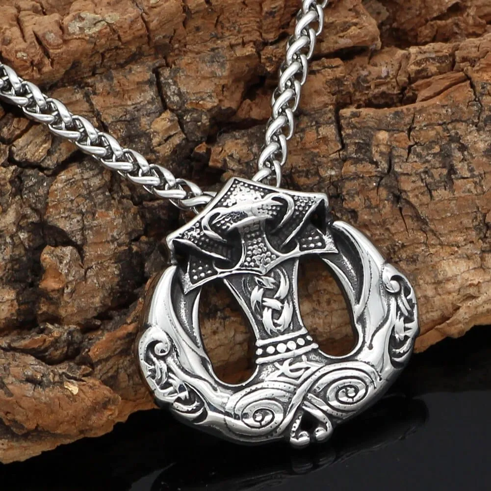 Collier Mjolnir - marteau de Thor avec becs des corbeaux d'odin