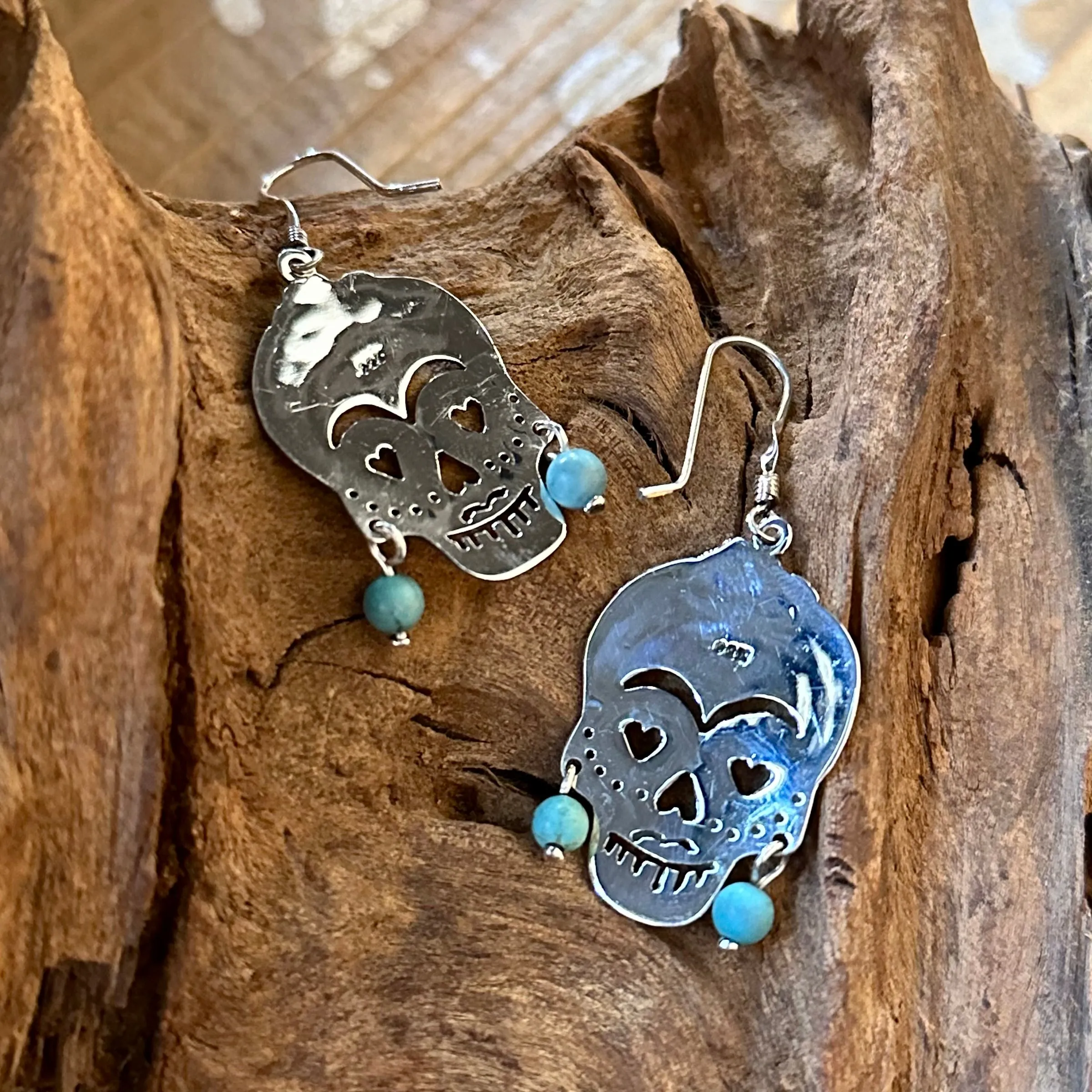 LAS CALAVERAS Mexican Sterling Silver & Turquoise Frida Kahlo Folk Skull Earrings