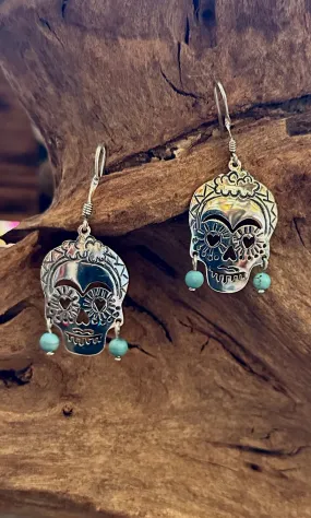 LAS CALAVERAS Mexican Sterling Silver & Turquoise Frida Kahlo Folk Skull Earrings