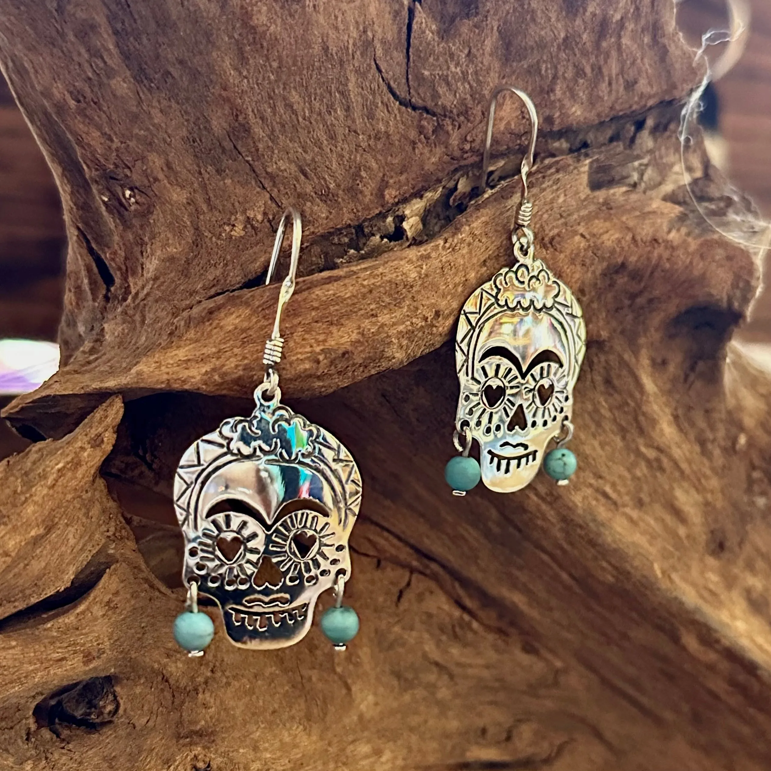 LAS CALAVERAS Mexican Sterling Silver & Turquoise Frida Kahlo Folk Skull Earrings